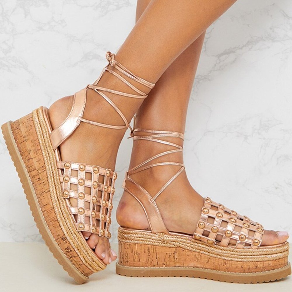 PLT Rose Gold Dome Studded Flatform Espadrille